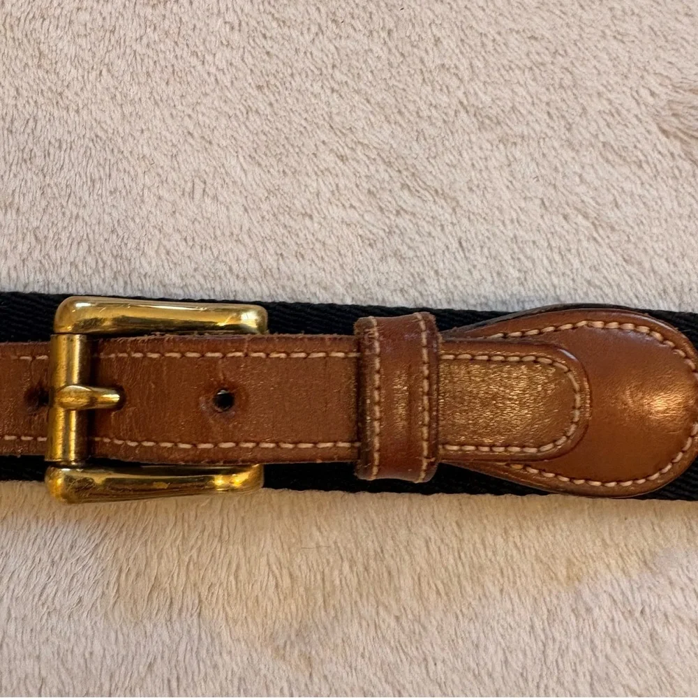 Dooney & Bourke Black Wool Surcingle Belt with Brown Leather Trim Brass Buckle